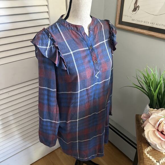 CLOTH STONE ANTHROPOLOGIE Dress Womens XS Blue Plaid Shift Ruffle Shoulder Fall - Picture 4 of 10